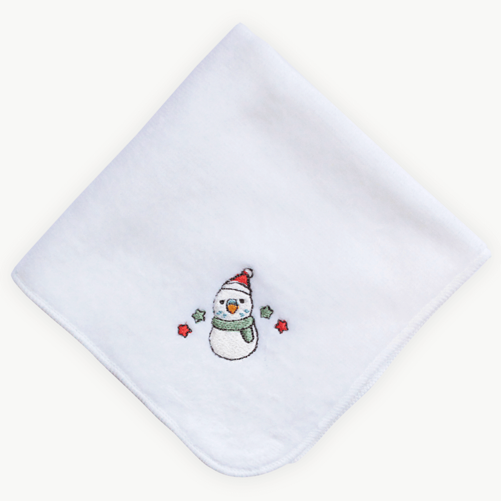 雪だるまセキセイインコ（クリスマス限定カラー）刺繍ミニタオル