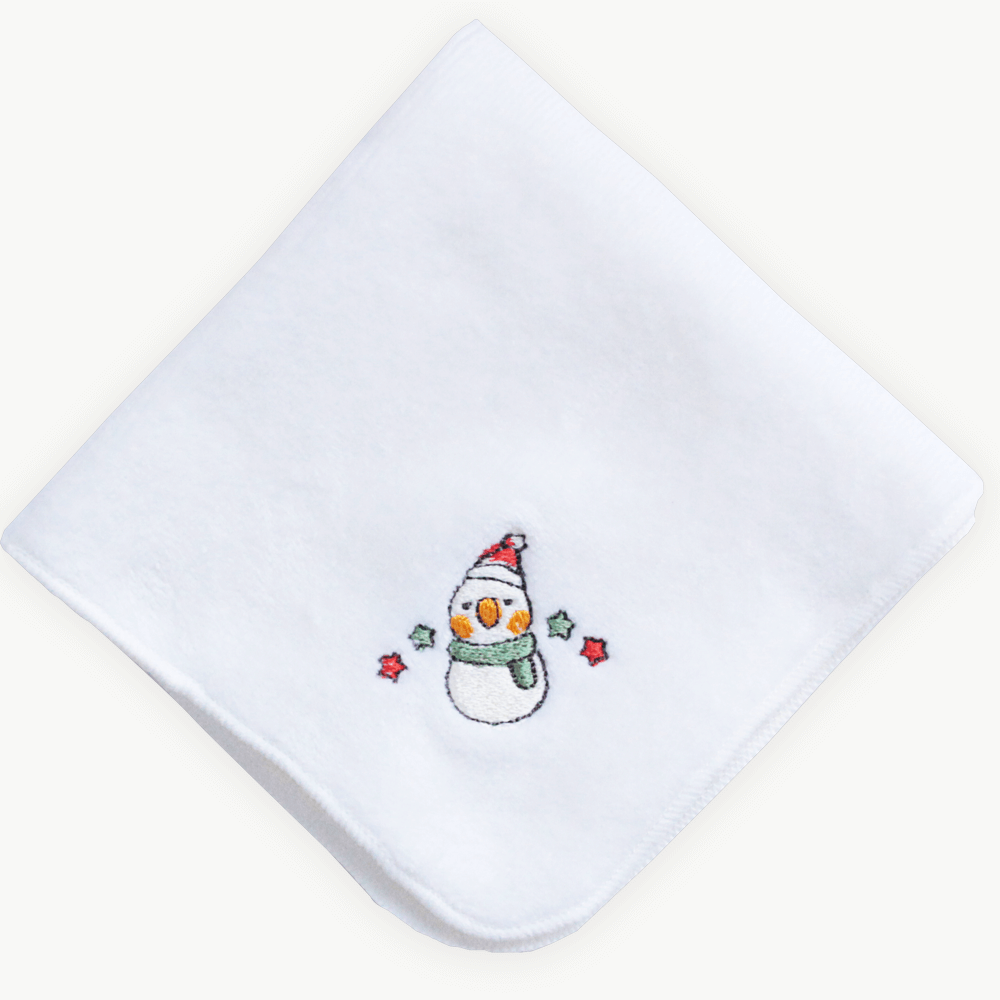 雪だるまオカメインコ（クリスマス限定カラー）刺繍ミニタオル