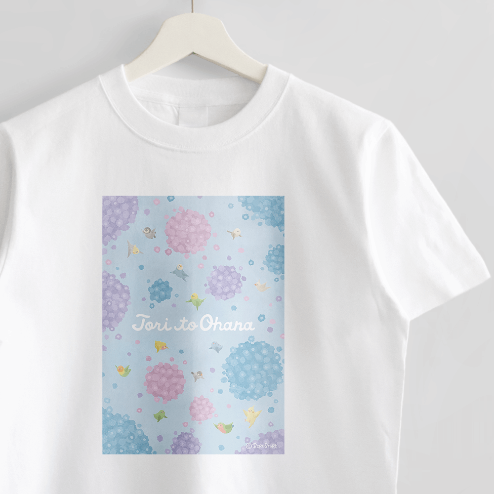 アジサイ紫陽花と鳥デザイン Tシャツ