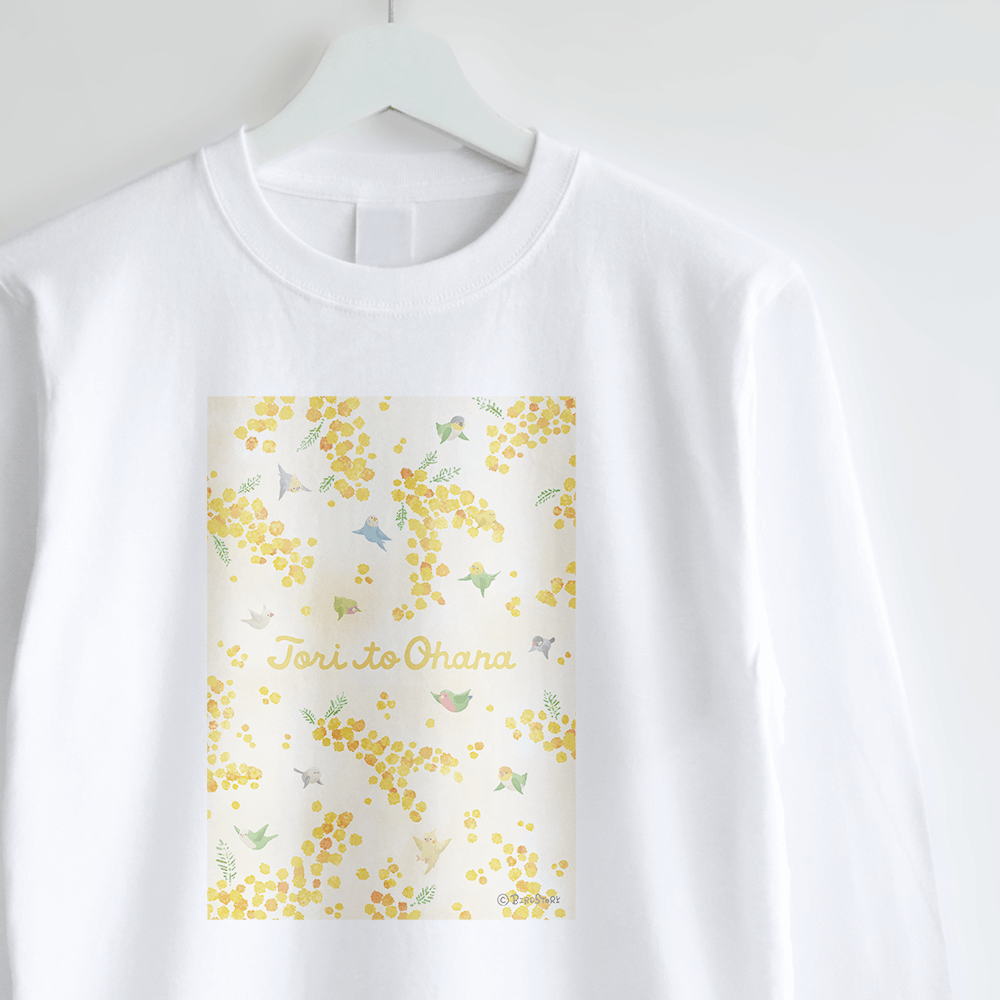 ミモザと鳥のデザイン ロングTシャツ長袖