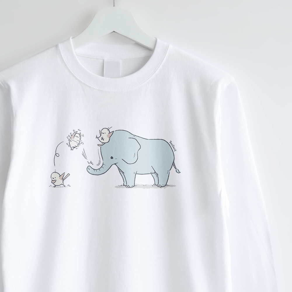 象さんのすべり台とシマエナガのデザイン長袖tシャツ Birdstory