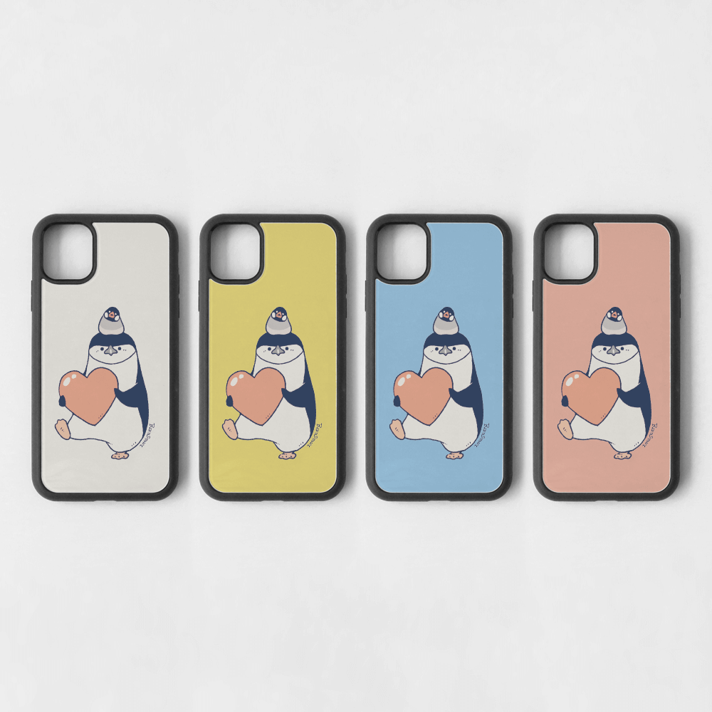 ハートとヒゲペンギンと桜文鳥 iPhone スマホケース