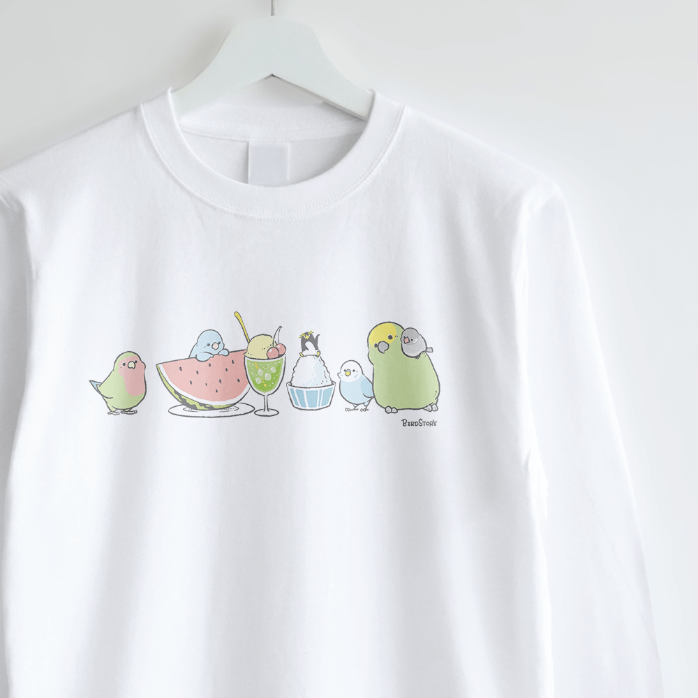 夏の風物詩かき氷とスイカと鳥さんたち イラスト長袖Tシャツ