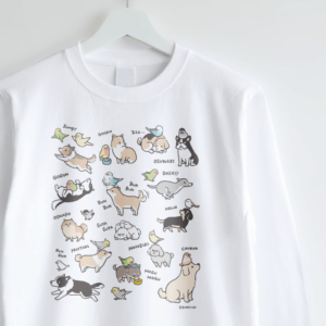 犬と鳥 フレンチブルドッグや柴犬のイラスト長袖Tシャツ