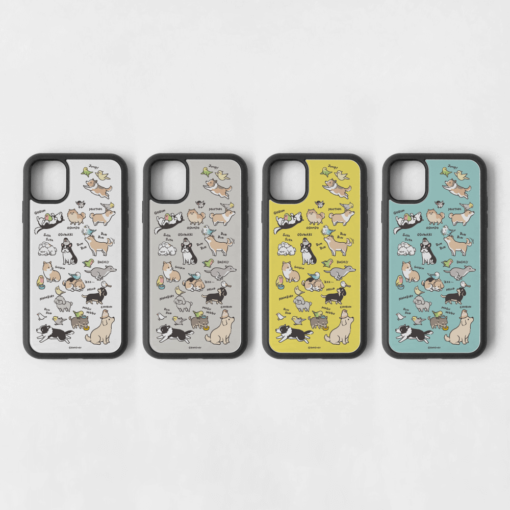 犬と鳥 トイプードルやフレンチブルドッグのイラスト iPhone スマホケース