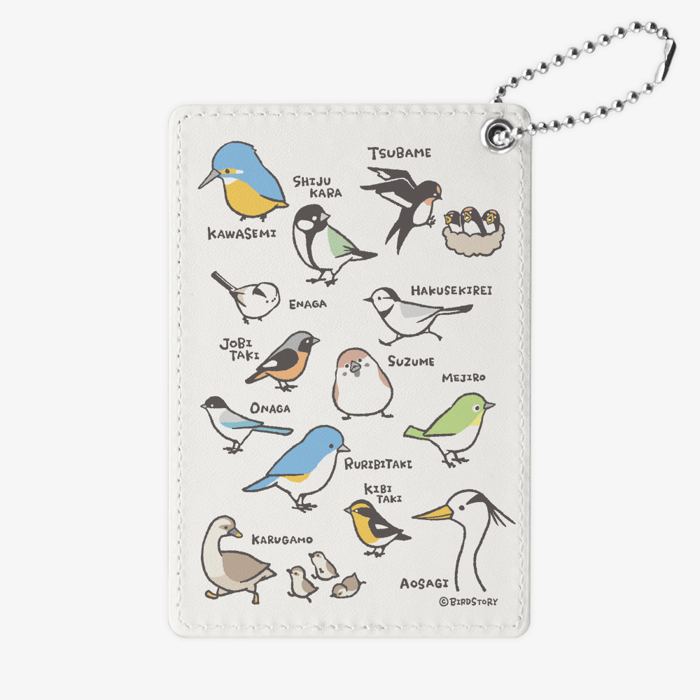 スズメやカワセミやツバメの野鳥図鑑風イラスト パスケース 定期入れ カードケース