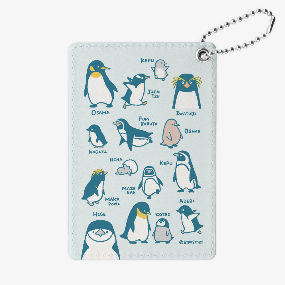 コウテイペンギンやイワトビペンギンなどのペンギン図鑑風イラスト パスケース 定期入れ カードケース