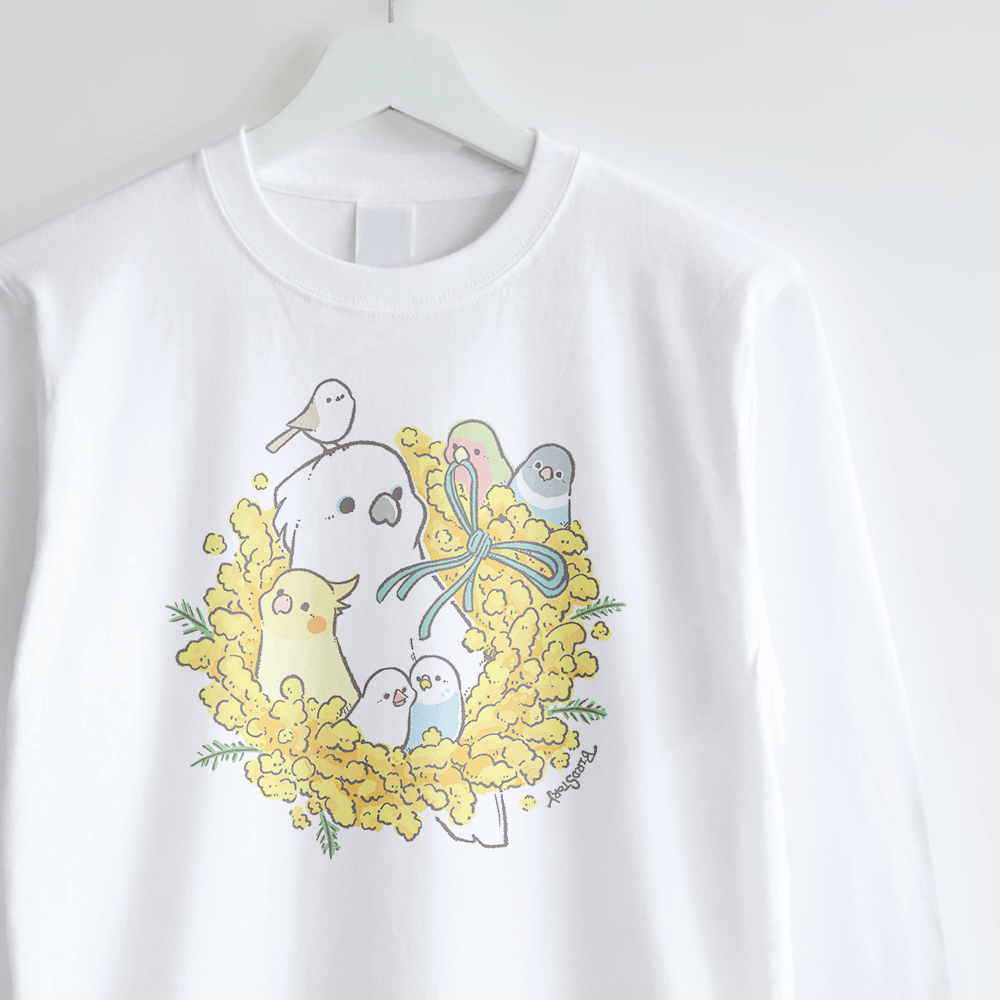 長袖Tシャツ Mimosa with Bird コザクラインコやボタンインコとミモザ