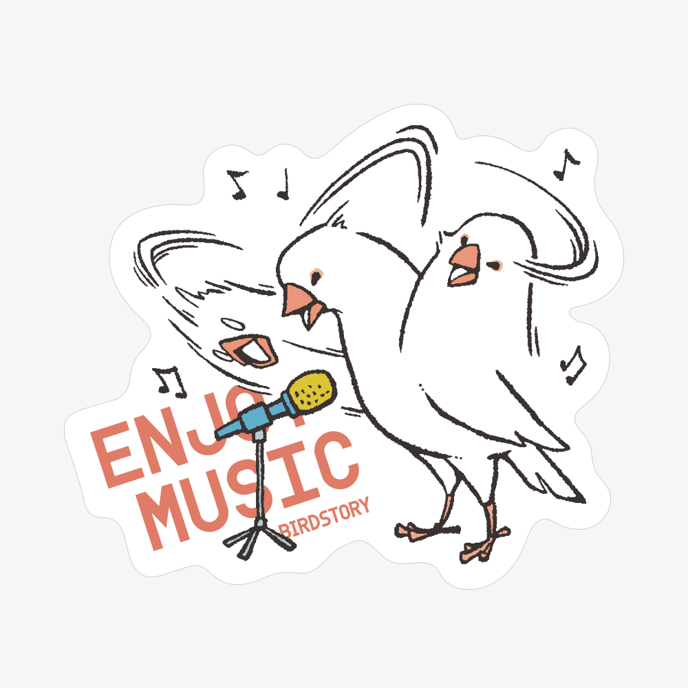 ステッカー シール ENJOY MUSIC ボーカルマイクと白文鳥