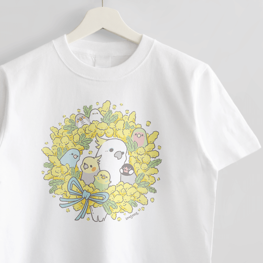 Tシャツ ミモザにこめて 春のお花と鳥たちのデザイン