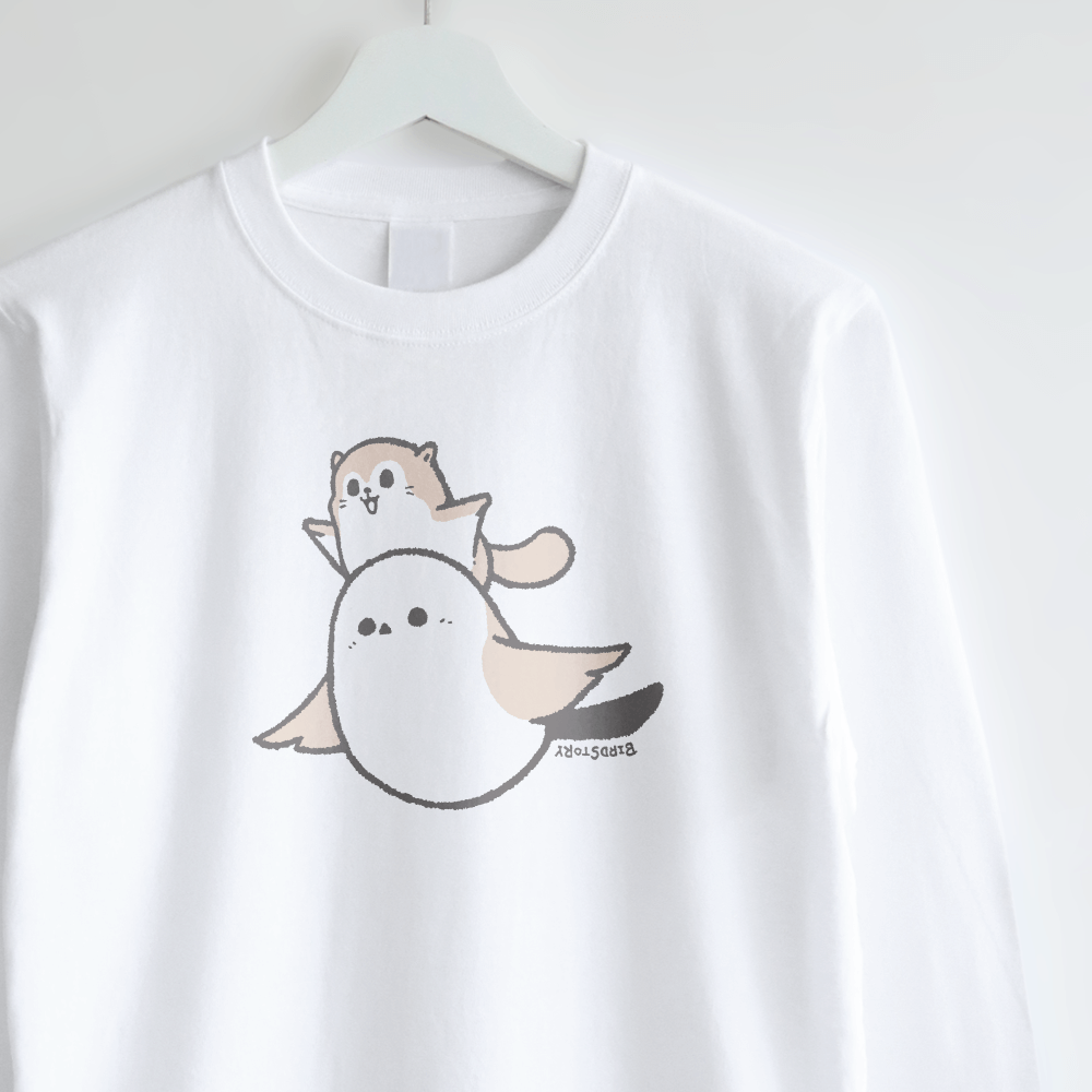 長袖Tシャツ シマエナガとエゾモモンガ略してシマモモ とぶ シンプル