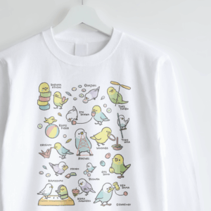 長袖Tシャツ 昔の遊び おはじき 竹とんぼ 紙風船 折り紙 セキセイインコ