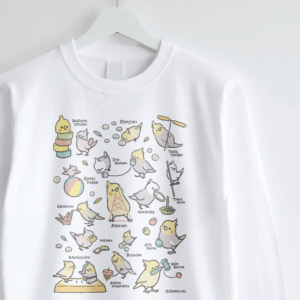 長袖Tシャツ 昔の遊び おはじき 竹とんぼ 紙風船 折り紙 オカメインコ