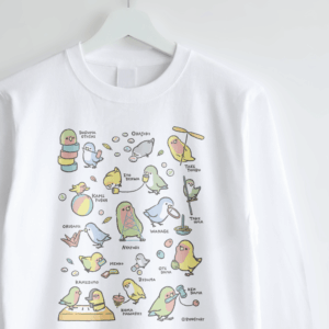 長袖Tシャツ 昔の遊び おはじき 竹とんぼ 紙風船 折り紙 コザクラインコ