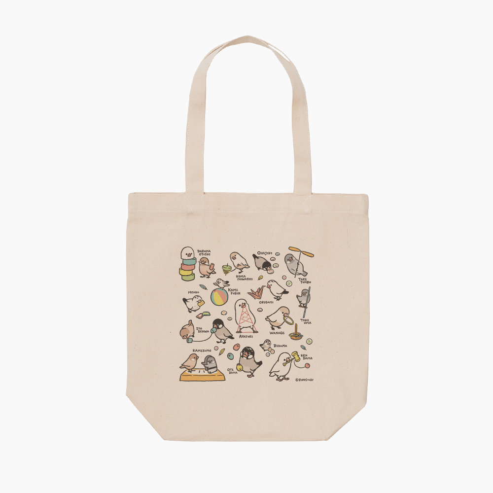 トートバッグ 昔の遊び メンコ 竹馬 輪投げ 文鳥