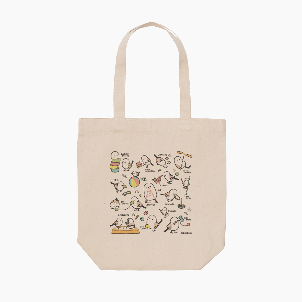 トートバッグ 昔の遊び メンコ 竹馬 輪投げ シマエナガ