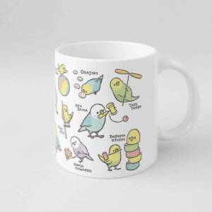 マグカップ ケンダマやタケトンボなど昔の遊びとセキセイインコ