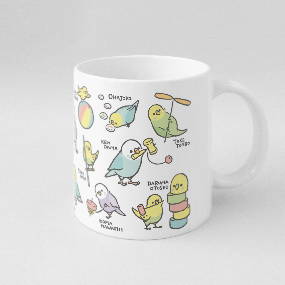 マグカップ ケンダマやタケトンボなど昔の遊びとセキセイインコ