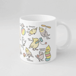 マグカップ ケンダマやタケトンボなど昔の遊びとオカメインコ