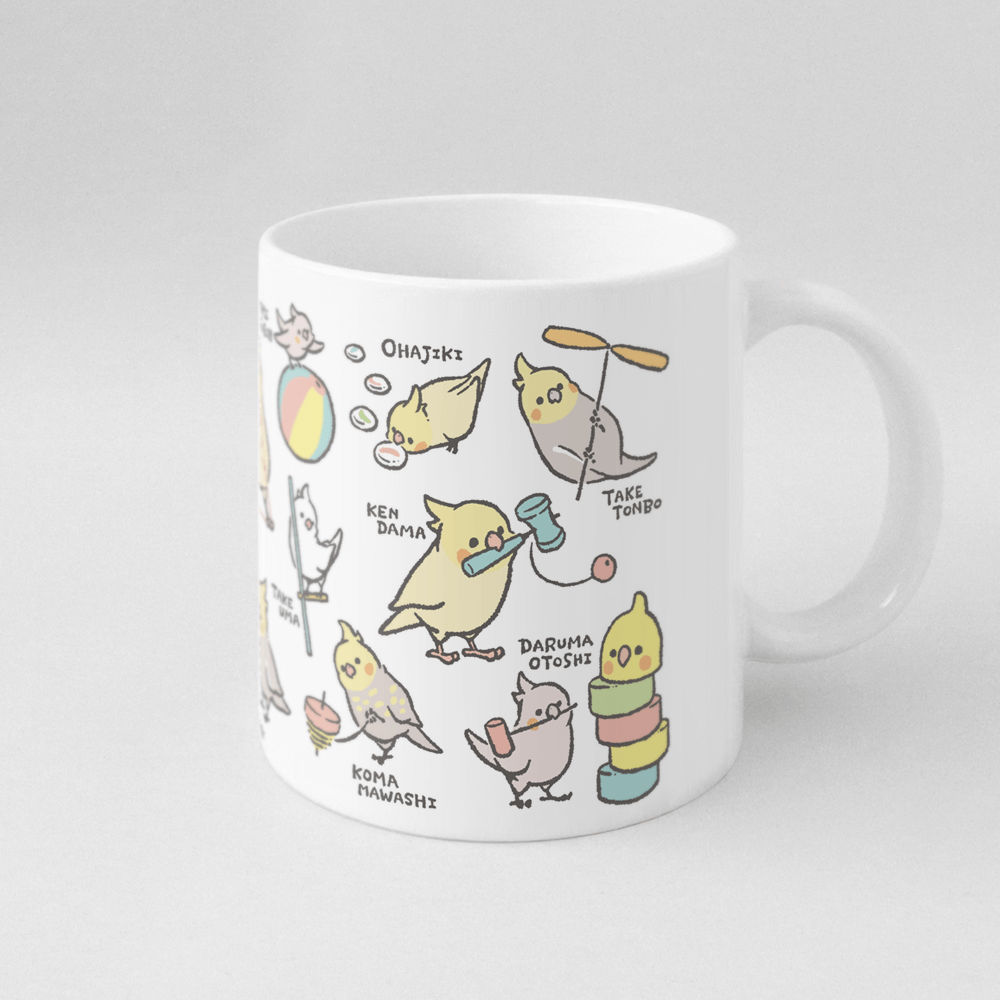 マグカップ ケンダマやタケトンボなど昔の遊びとオカメインコ