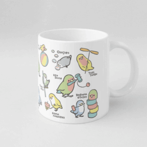 マグカップ ケンダマやタケトンボなど昔の遊びとコザクラインコ