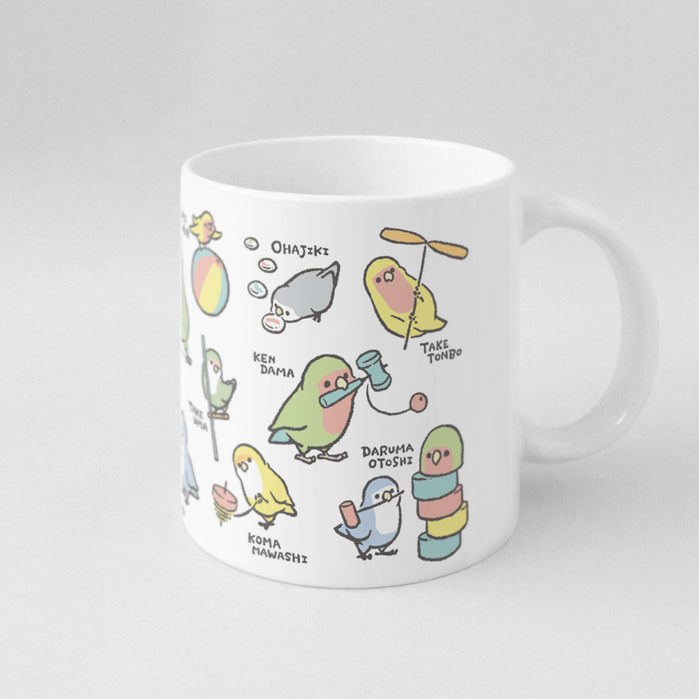 マグカップ ケンダマやタケトンボなど昔の遊びとコザクラインコ