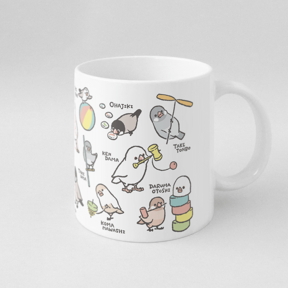 マグカップ ケンダマやタケトンボなど昔の遊びと文鳥