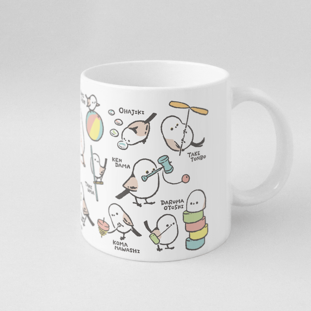 マグカップ ケンダマやタケトンボなど昔の遊びとシマエナガ