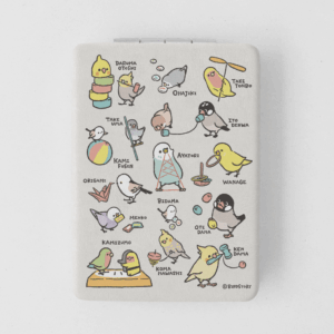 折りたたみコンパクトミラー 折り紙や竹馬などの昔の遊びとインコたち