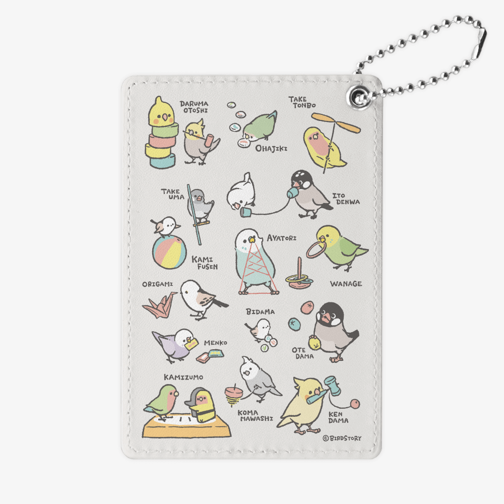 パスケース 定期入れ ICカードケース 紙相撲や糸電話など昭和の遊びとインコたち
