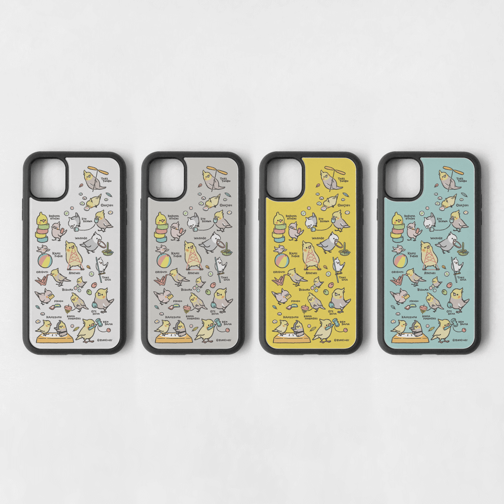 スマートフォンケース 昔の遊び 糸電話 紙相撲 お手玉 ビー玉 けん玉 オカメインコ