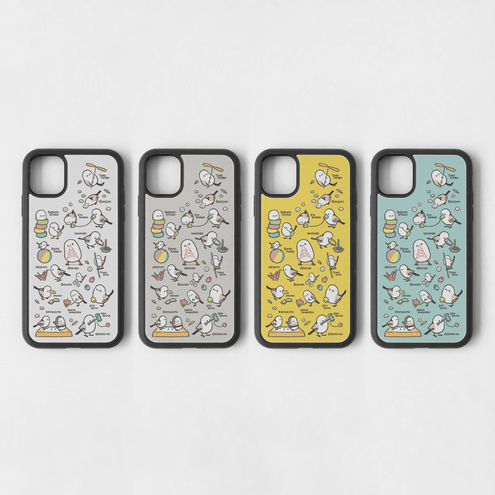 スマートフォンケース 昔の遊び 糸電話 紙相撲 お手玉 ビー玉 けん玉 シマエナガ