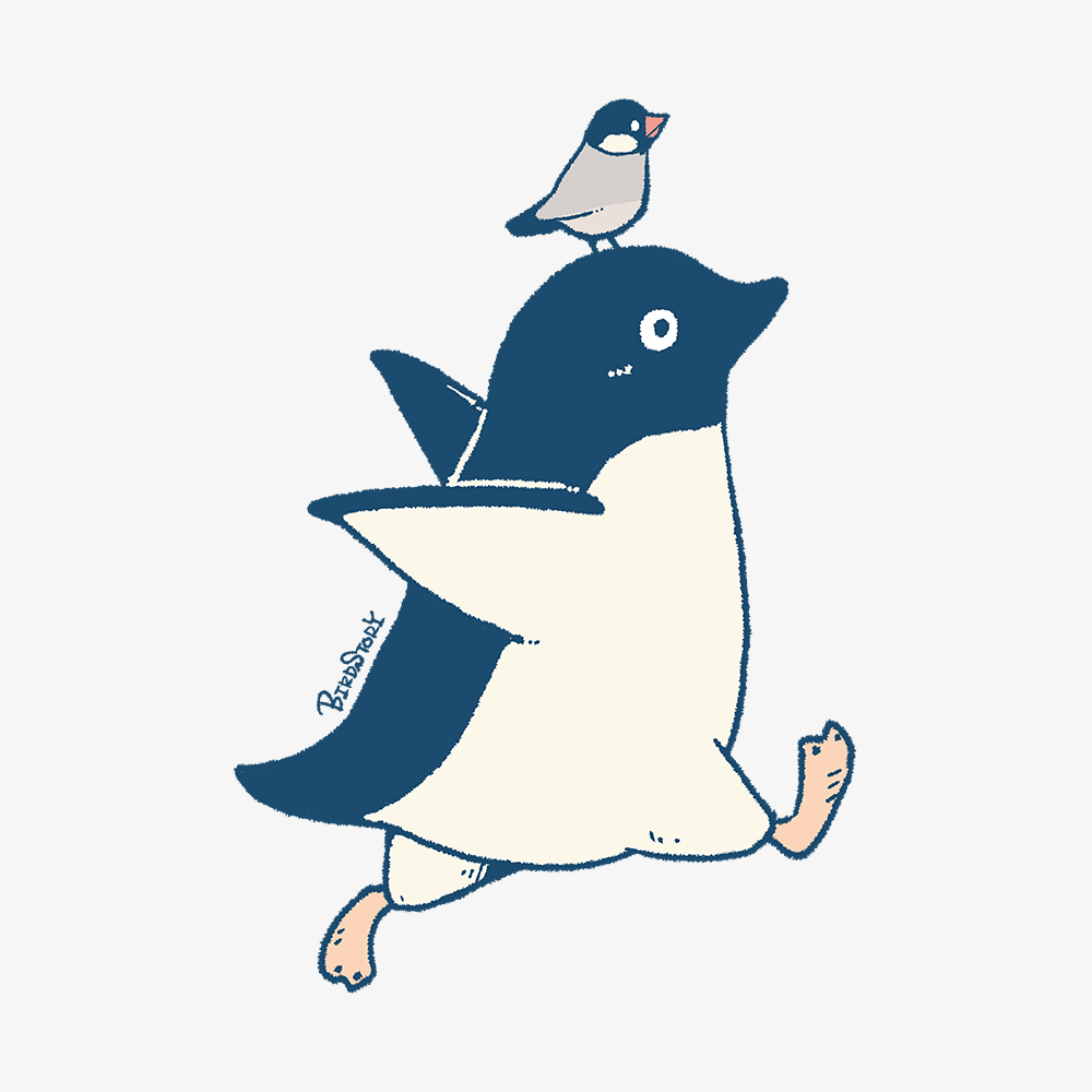 アデリーペンギンと桜文鳥のデザインイラスト