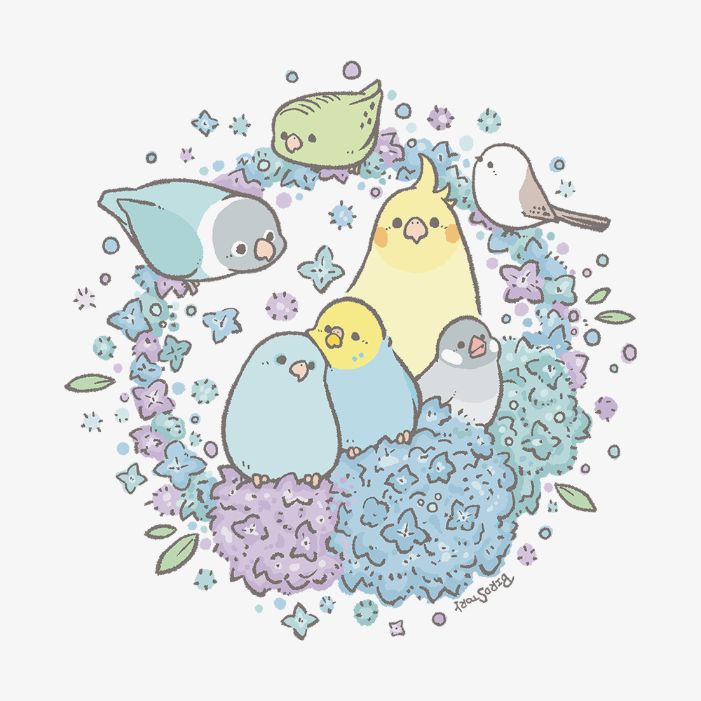 パープルカラーデザイン 小鳥と紫陽花